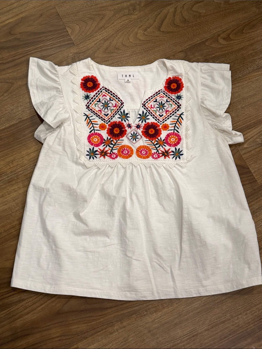 THML White Embroidered Flutter Sleeve Top with Bright Floral Yoke Size M